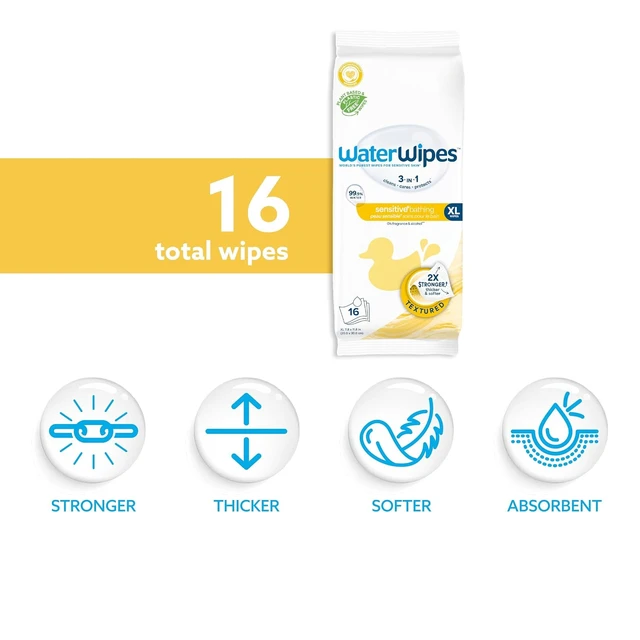 Alt view image 6 of 6 - WaterWipes Sensitive+ Bathing Wipes, 3-In-1 Cleans, Cares, Protects, 99.9% Water, Unscented & Hypoallergenic, 16 Count (1 Pack)