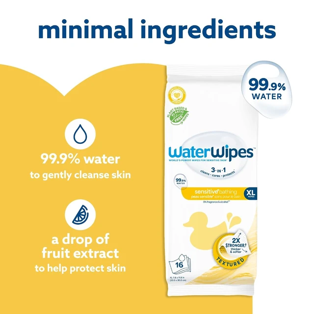 Alt view image 3 of 6 - WaterWipes Sensitive+ Bathing Wipes, 3-In-1 Cleans, Cares, Protects, 99.9% Water, Unscented & Hypoallergenic, 16 Count (1 Pack)