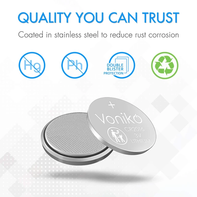Alt view image 3 of 6 - Voniko CR2016 3V Lithium Batteries 6 Pack for Child Safety, Compatible with Remotes, Key Fobs, Glucose Monitors - 7 Years Shelf Life