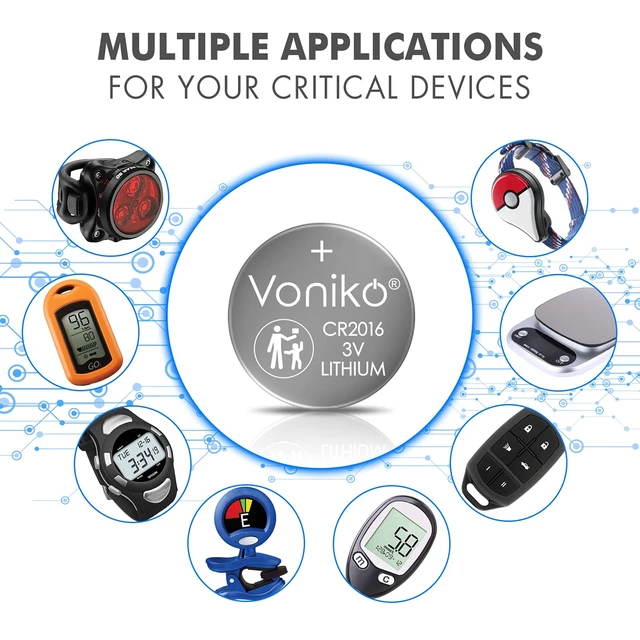 Alt view image 6 of 6 - Voniko CR2016 3V Lithium Batteries 6 Pack for Child Safety, Compatible with Remotes, Key Fobs, Glucose Monitors - 7 Years Shelf Life