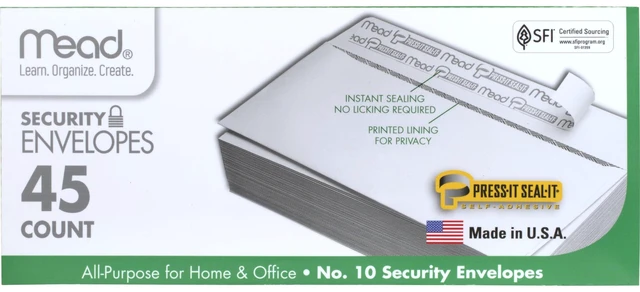 Main image of Mead #10 Security Business Envelopes, Letter Size 4-1/8" x 9-1/2", Peel and Seal, Privacy Lined, No-Window, Self-Adhesive, 45 Count (75026)