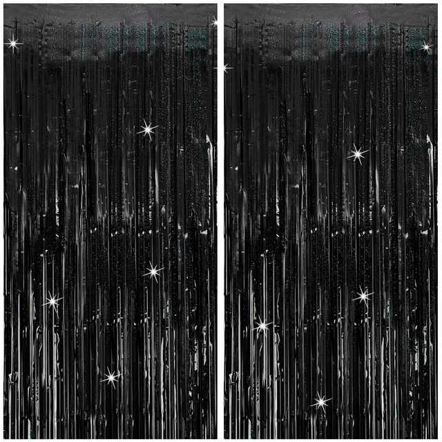 Main image of Tinsel Curtain Backdrop Black 2 Packs Glitter Foil Fringe Streamers Photo Booth Decorations for Birthday and Wedding Christmas and Halloween