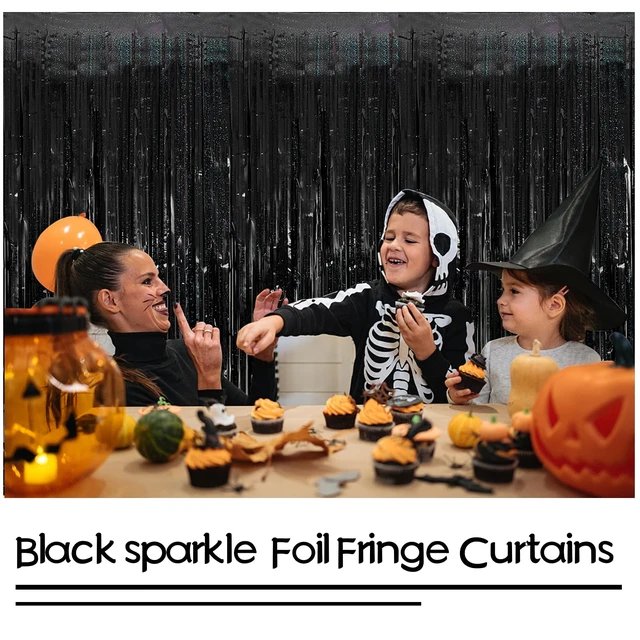 Alt view image 3 of 7 - Tinsel Curtain Backdrop Black 2 Packs Glitter Foil Fringe Streamers Photo Booth Decorations for Birthday and Wedding Christmas and Halloween