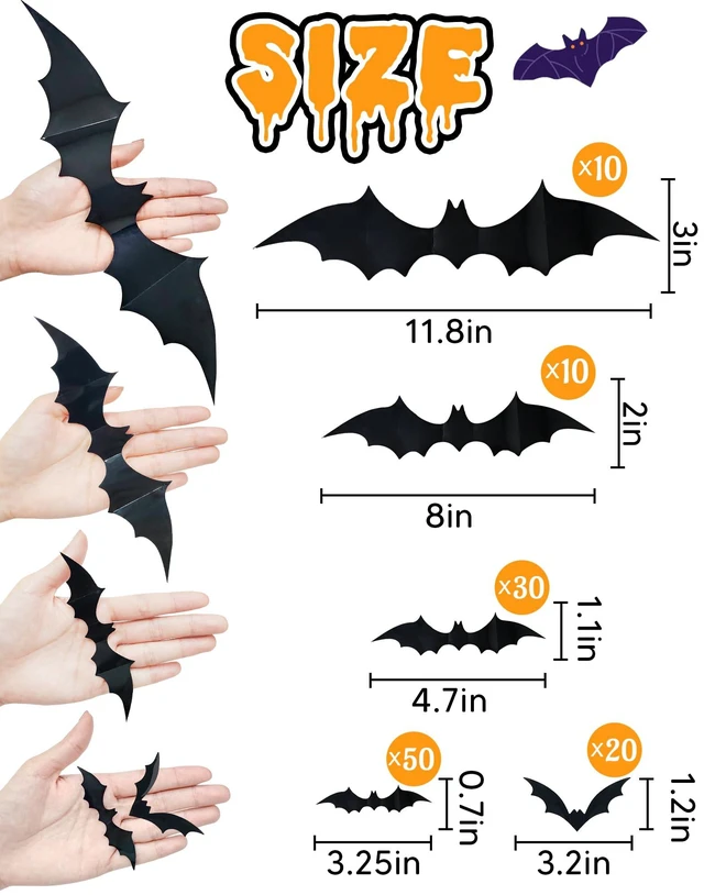 Alt view image 2 of 6 - 120Pcs 3D Halloween Bat Decorations, 5 Sizes, Wall Decor Indoor