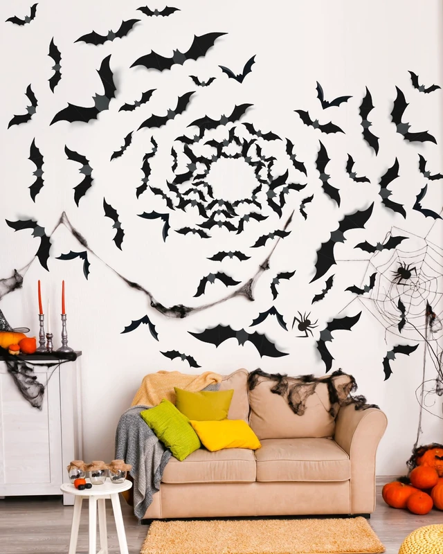 Alt view image 3 of 6 - 120Pcs 3D Halloween Bat Decorations, 5 Sizes, Wall Decor Indoor