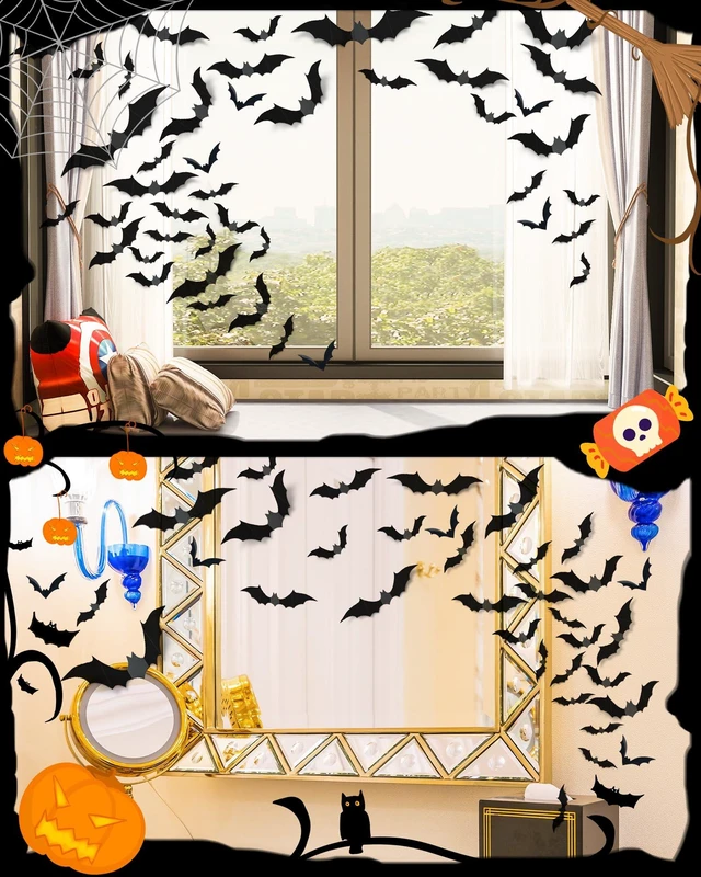 Alt view image 6 of 6 - 120Pcs 3D Halloween Bat Decorations, 5 Sizes, Wall Decor Indoor