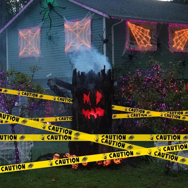 Alt view image 3 of 6 - 2in x 82ft Yellow and Black Caution Tape Safety Barrier for Halloween Indoor Outdoor Decorations, Party, Yard, Haunted House