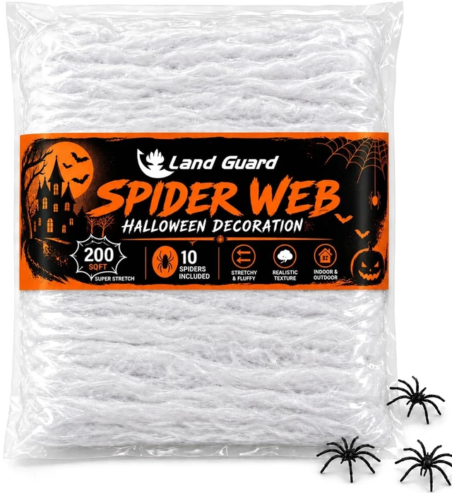 Main image of Land Guard 200sqft Spider Web with 10 Artificial Spiders, Fabric Cobweb Halloween Decor for Indoor and Outdoor