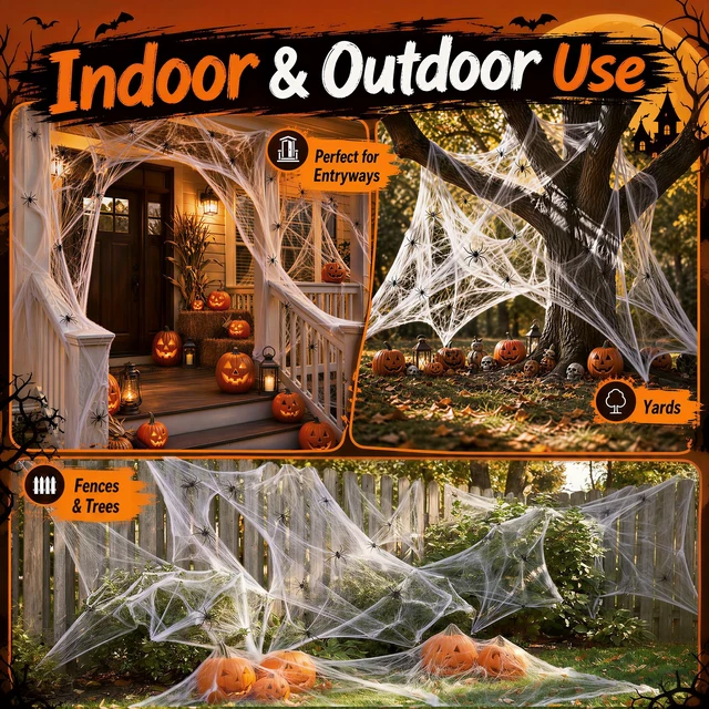 Alt view image 5 of 7 - Land Guard 200sqft Spider Web with 10 Artificial Spiders, Fabric Cobweb Halloween Decor for Indoor and Outdoor