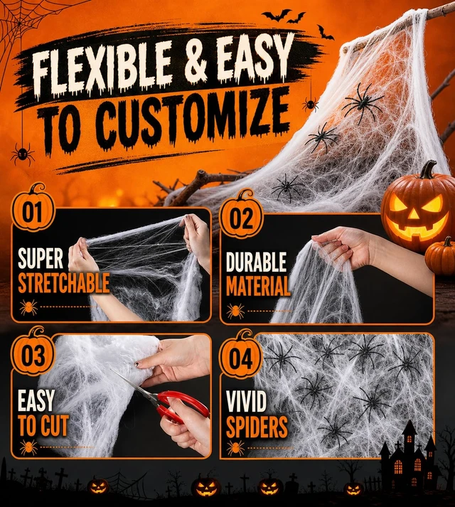 Alt view image 4 of 7 - Land Guard 200sqft Spider Web with 10 Artificial Spiders, Fabric Cobweb Halloween Decor for Indoor and Outdoor