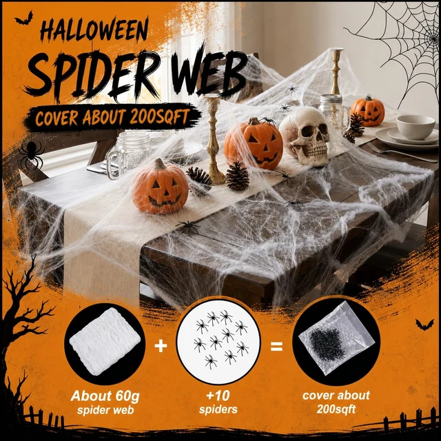 Alt view image 6 of 7 - Land Guard 200sqft Spider Web with 10 Artificial Spiders, Fabric Cobweb Halloween Decor for Indoor and Outdoor