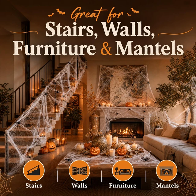 Alt view image 3 of 7 - Land Guard 200sqft Spider Web with 10 Artificial Spiders, Fabric Cobweb Halloween Decor for Indoor and Outdoor