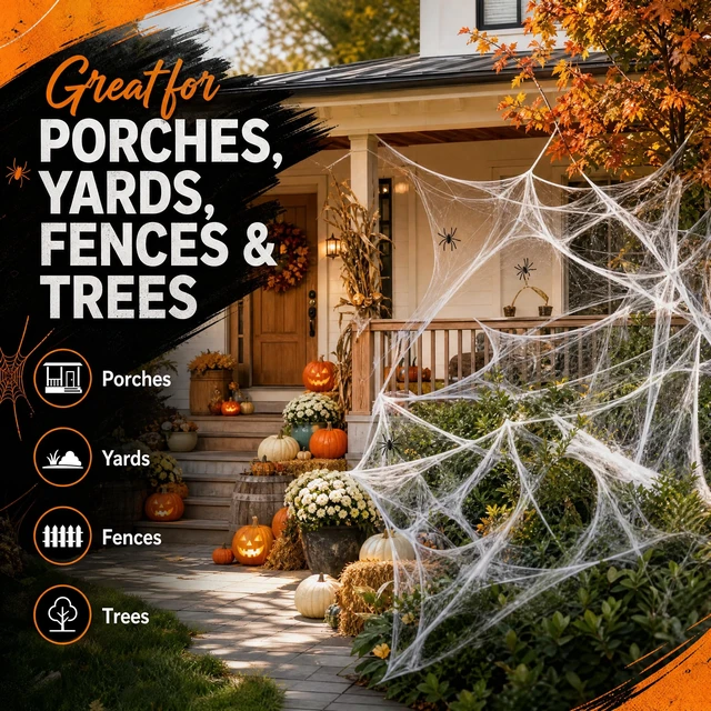 Alt view image 7 of 7 - Land Guard 200sqft Spider Web with 10 Artificial Spiders, Fabric Cobweb Halloween Decor for Indoor and Outdoor