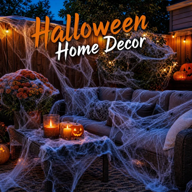 Alt view image 2 of 7 - Land Guard 200sqft Spider Web with 10 Artificial Spiders, Fabric Cobweb Halloween Decor for Indoor and Outdoor