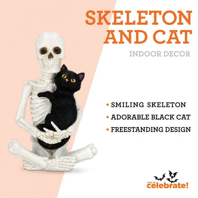 Alt view image 3 of 7 - Way To Celebrate Skeleton and Cat Decoration, Black and White, 8.8in, Halloween