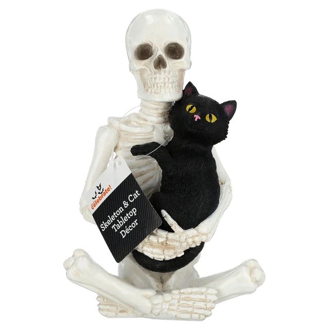 Alt view image 7 of 7 - Way To Celebrate Skeleton and Cat Decoration, Black and White, 8.8in, Halloween