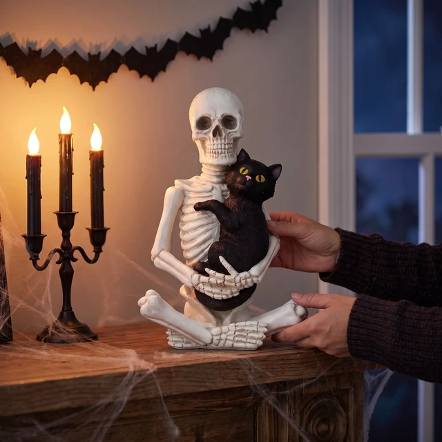 Alt view image 6 of 7 - Way To Celebrate Skeleton and Cat Decoration, Black and White, 8.8in, Halloween