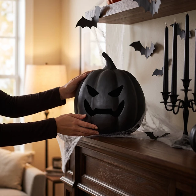 Alt view image 6 of 6 - Way To Celebrate Paper Mache Jack-o'-Lantern Decoration, Black, 8.3", Halloween