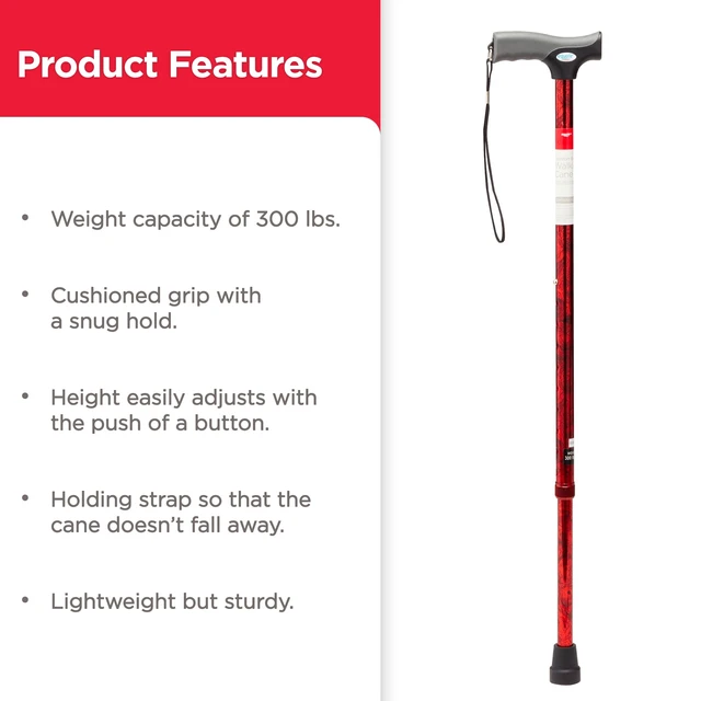 Alt view image 6 of 7 - Equate Mobility Comfort Grip Walking Cane, Red, 300 lb Weight Capacity