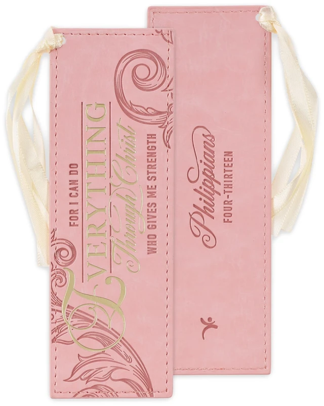 Main image of Christian Art Gifts Pink & Gold Faux Leather Bible Verse Bookmark for Women - Everything Through Christ Philippians 4:13 Inspirational Scripture with Satin Ribbon, Floral