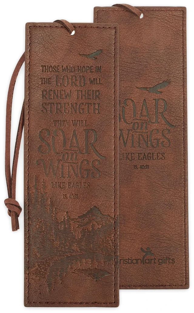 Main image of Christian Art Gifts Faux Leather Bookmark Soar on Wings Isaiah 40:31 Bible Verse, Brown