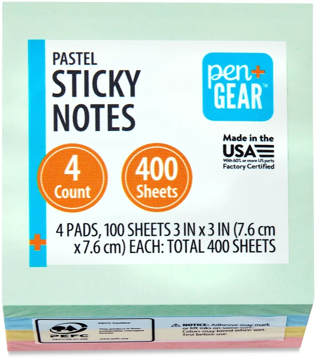 Main image of Pen+Gear Assorted Pastel Sticky Notes, 3"x3", 400 Sheets, 4 Pads