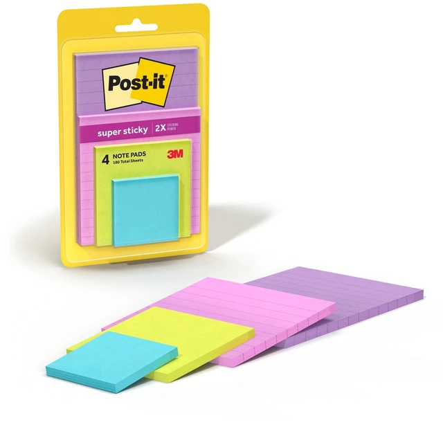 Main image of Post-it Super Sticky Notes, Assorted Sizes, Supernova Neons, Lined and Unlined, 4 Pads