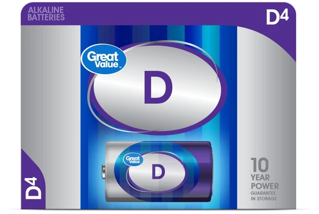 Main image of Great Value Alkaline D Batteries, 4 Count (Plastic Free Packaging)