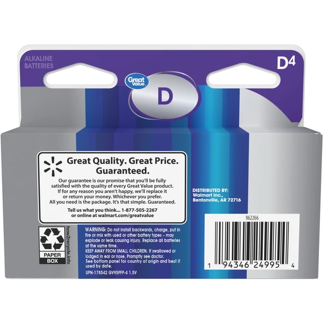 Alt view image 2 of 5 - Great Value Alkaline D Batteries, 4 Count (Plastic Free Packaging)