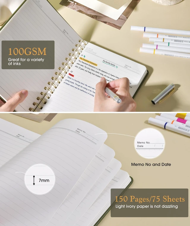 Alt view image 3 of 7 - A5 Hardcover Spiral Journal, 150 Numbered Pages, 100GSM College Ruled, 5.75"x8.38", Olive Green
