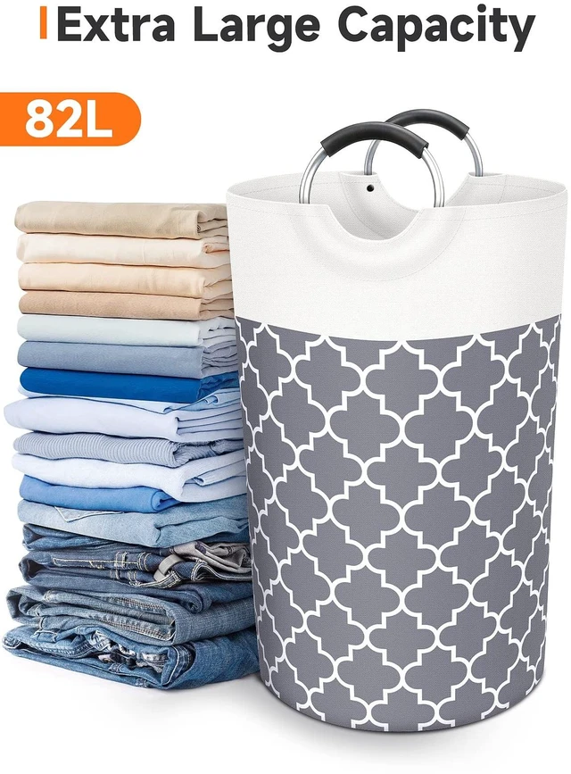 Alt view image 5 of 6 - 82L Tall Collapsible Laundry Basket Hamper with Handles for Dorm Grey