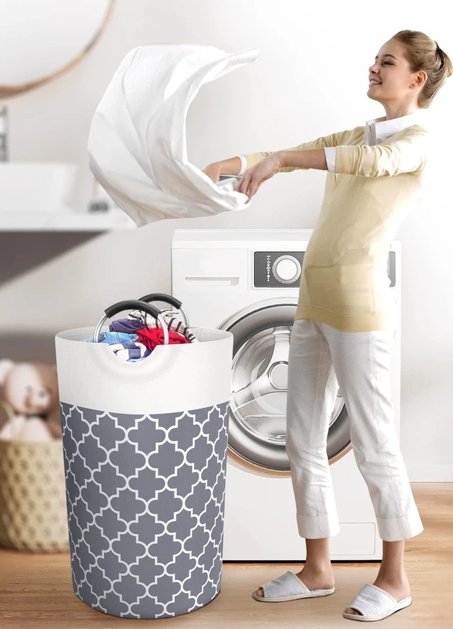 Alt view image 2 of 6 - 82L Tall Collapsible Laundry Basket Hamper with Handles for Dorm Grey