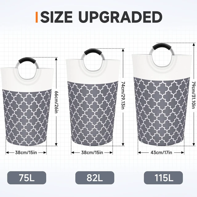 Alt view image 3 of 6 - 82L Tall Collapsible Laundry Basket Hamper with Handles for Dorm Grey