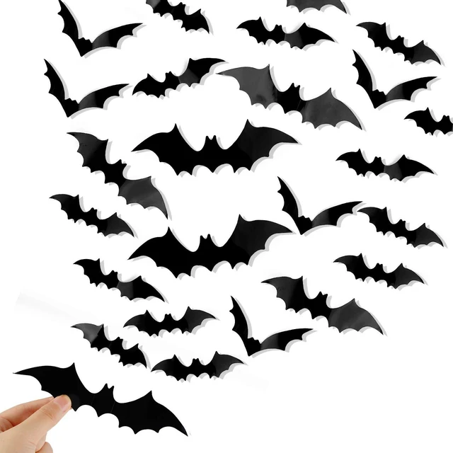 Main image of DIYASY 120 Pcs 3D Bat Halloween Decoration Stickers, 4 Sizes Waterproof Black Spooky Bats Wall Decor for Room
