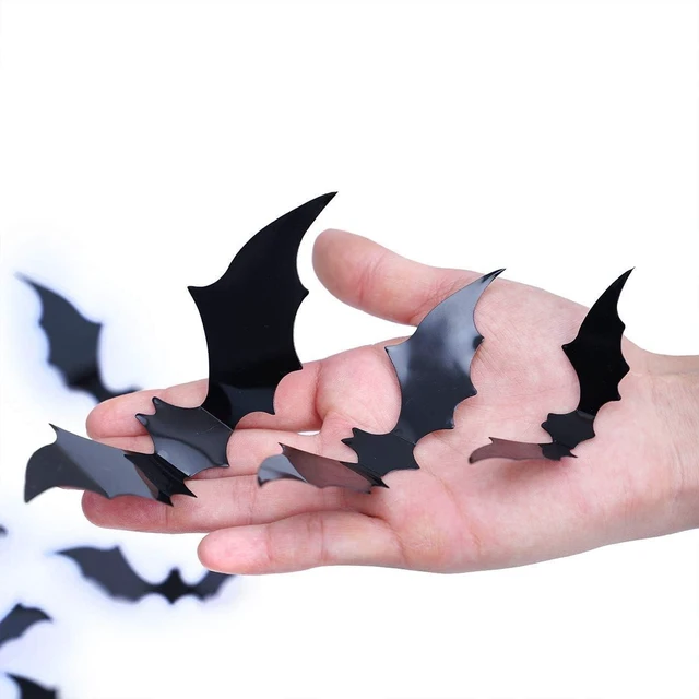 Alt view image 3 of 6 - DIYASY 120 Pcs 3D Bat Halloween Decoration Stickers, 4 Sizes Waterproof Black Spooky Bats Wall Decor for Room