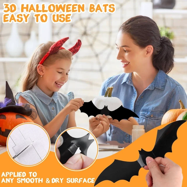 Alt view image 4 of 6 - DIYASY 120 Pcs 3D Bat Halloween Decoration Stickers, 4 Sizes Waterproof Black Spooky Bats Wall Decor for Room