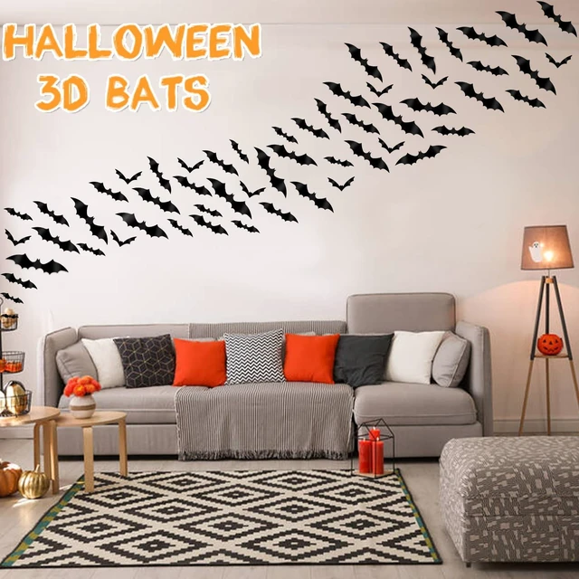 Alt view image 2 of 6 - DIYASY 120 Pcs 3D Bat Halloween Decoration Stickers, 4 Sizes Waterproof Black Spooky Bats Wall Decor for Room