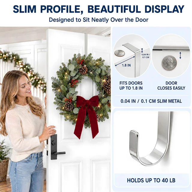 Alt view image 2 of 7 - 2 Pack Over the Door Wreath Hangers for Front Door Christmas Decor