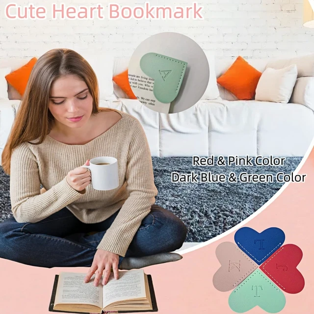 Alt view image 2 of 6 - Personalized Leather Heart Bookmarks With Initials, 26 Letters Custom Corner Bookmark for Women, Teacher, Student, Book Lovers, Meaningful Gift (Red Pink, F)