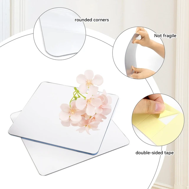 Alt view image 5 of 7 - Yuntop 2 Pack Self Adhesive Acrylic Mirror 2MM Flexible Plastic Shatterproof PS Frameless Wall Mirror 6x6 Inch for Bathroom Vanity Entryway