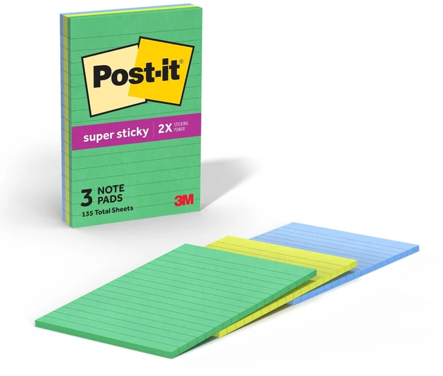 Main image of Post-it Super Sticky Notes, Lined, 4" x 6", Assorted Greens and Blues, 3 Pads
