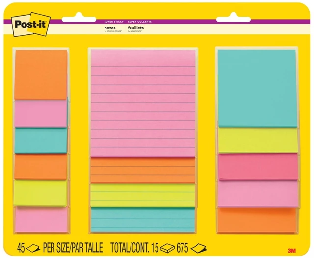 Main image of Post-it Super Sticky Notes, Assorted Sizes, Supernova Neons, Lined, 15 Pads