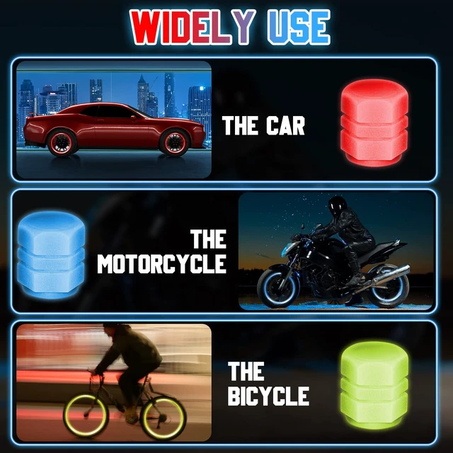 Alt view image 3 of 7 - 20Pcs Glow in the Dark Tire Valve Caps 5 Colors for Cars Motorcycles Trucks