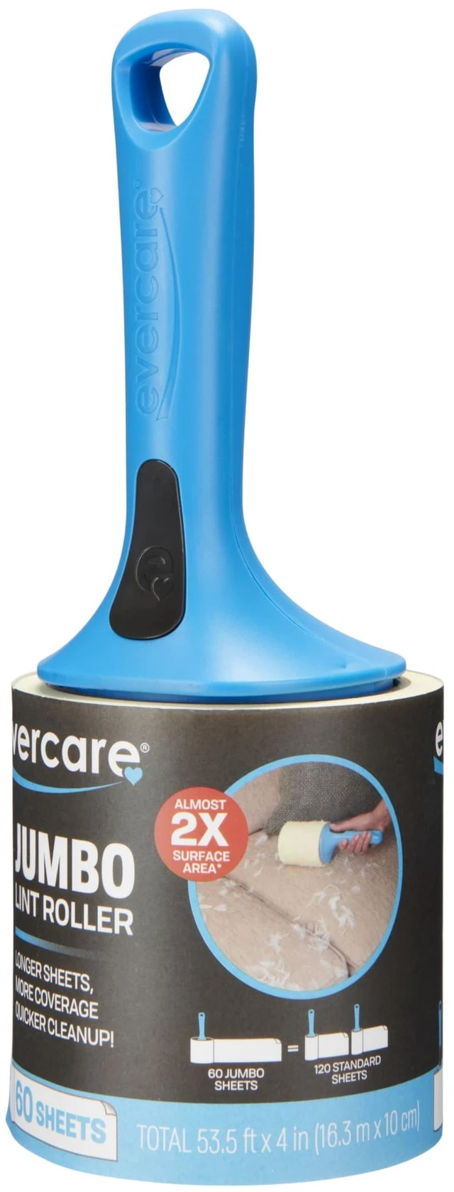 Main image of Evercare Jumbo Lint Roller - 60 Sheets per Roll, Refillable, Super Sticky, All-Purpose Adhesive, X-Large Sheets, Pets, Clothing, Furniture, Crafts