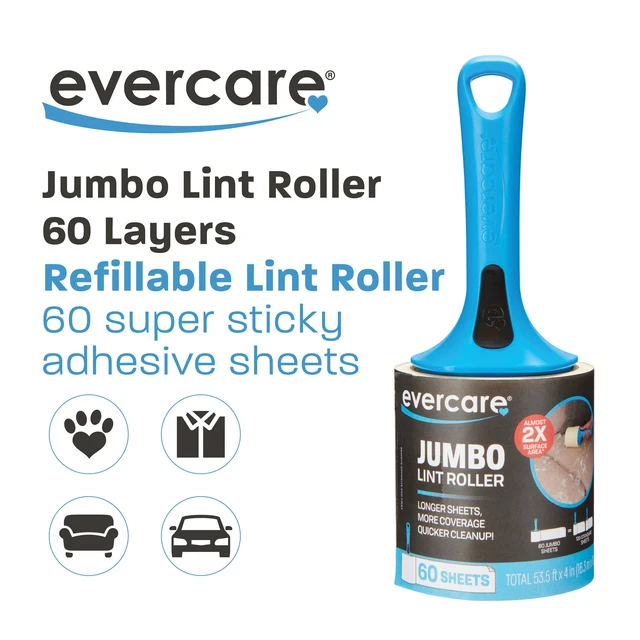 Alt view image 3 of 6 - Evercare Jumbo Lint Roller - 60 Sheets per Roll, Refillable, Super Sticky, All-Purpose Adhesive, X-Large Sheets, Pets, Clothing, Furniture, Crafts