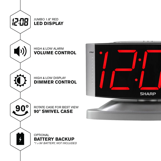 Alt view image 4 of 7 - Sharp SPC033D LED Digital Alarm Clock with Swivel Base, Silver Case, Red Display
