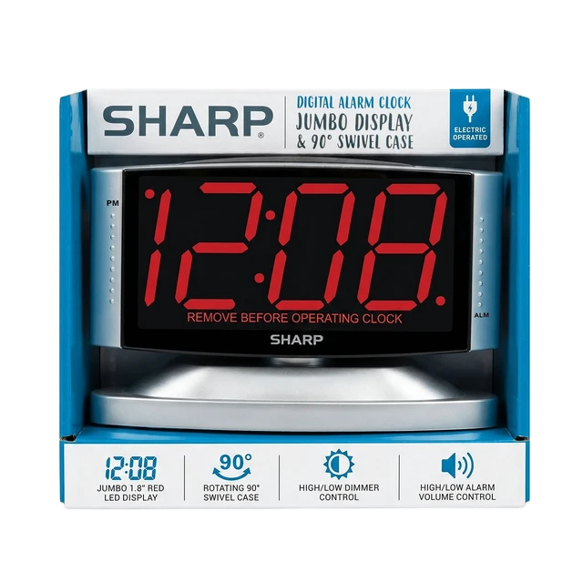 Alt view image 3 of 7 - Sharp SPC033D LED Digital Alarm Clock with Swivel Base, Silver Case, Red Display