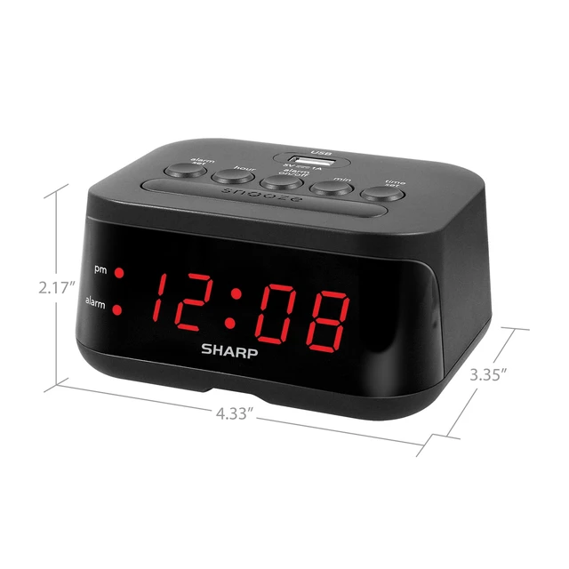 Alt view image 2 of 6 - SHARP Digital Alarm Clock with Red LED Display and USB Charge Port, Midnight Black