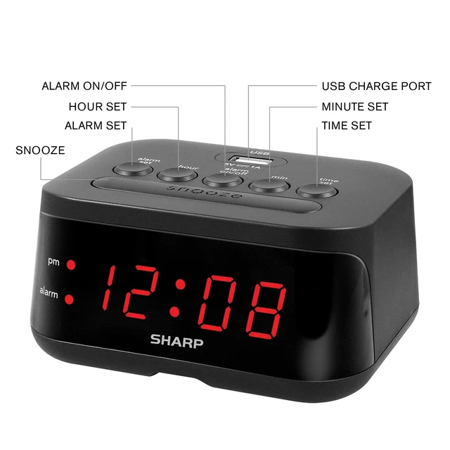 Alt view image 6 of 6 - SHARP Digital Alarm Clock with Red LED Display and USB Charge Port, Midnight Black