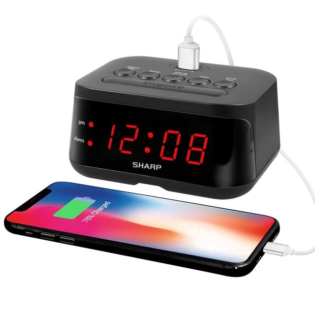 Alt view image 4 of 6 - SHARP Digital Alarm Clock with Red LED Display and USB Charge Port, Midnight Black